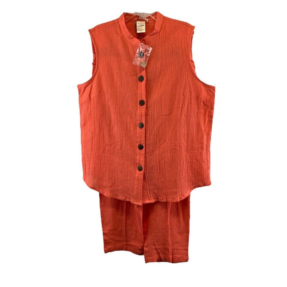 Blair Womens 2 Pc Top & Pants Size Medium Sleeveless Coral Cotton Pockets NWOT